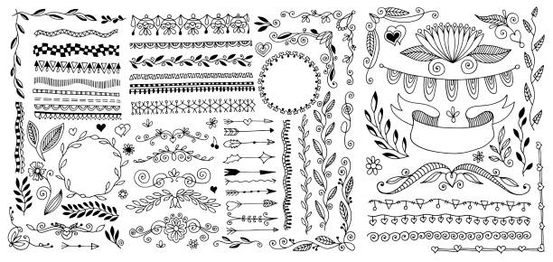 hand drawing doodle page decoration, set of vintage elements hand drawing doodle page decoration, set of vintage elements vector illustration craft product stock illustrations