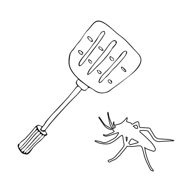 stockillustraties, clipart, cartoons en iconen met hand tekening fly swatter en mug geïsoleerd op witte achtergrond. schets insect pest val silhouetten. vector illustratie. - vliegenmepper