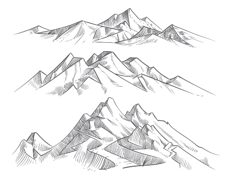 Hand drawing mountain ranges in engraving style. Vintage mountains panorama vector nature landscape