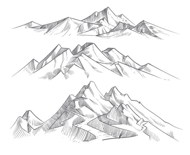 Hand drawing mountain ranges in engraving style. Vintage mountains panorama vector nature landscape Hand drawing mountain ranges in engraving style. Vintage mountains panorama vector nature landscape. Peak outdoor sketch, landscape mountain range illustration mountain drawings stock illustrations