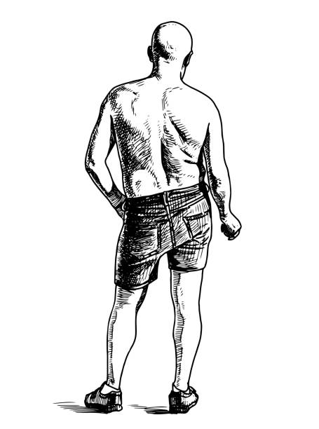 ilustrações de stock, clip art, desenhos animados e ícones de hand drawing of casual bald man in shorts standidng alone on beach on summser day - bald beach