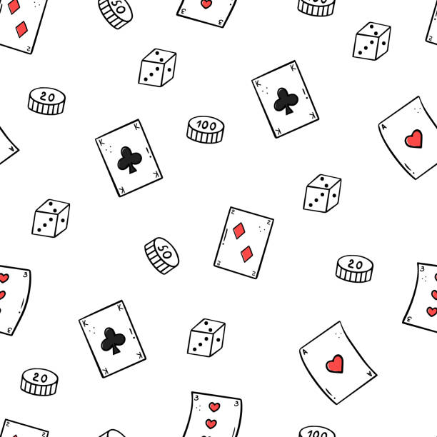 ilustraciones, imágenes clip art, dibujos animados e iconos de stock de dibujo a mano patrón de póquer: naipes, fichas, dados, as de corazones, rey de cruces. - regina king son