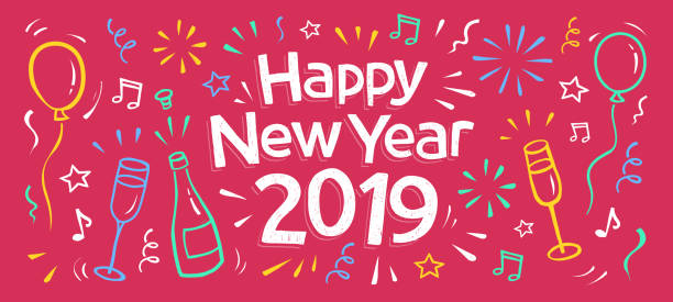 hand drawn 2019 happy new year banner hand drawn 2019 happy new year doodle banner with fireworks, balloons, a bottle and glasses of champagne, confetti, happy new year golden balloons with champagne stock illustrations
