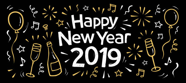 hand drawn 2019 happy new year banner hand drawn 2019 happy new year doodle banner with fireworks, balloons, a bottle and glasses of champagne, confetti, champagne drawings stock illustrations