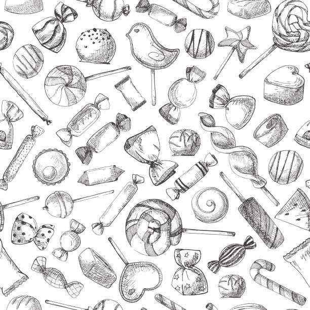 Hand drawn a seamless pattern with different sweets. Vector illustration of a sketch style. Hand drawn a seamless pattern with different sweets. Vector illustration of a sketch style. candy drawings stock illustrations