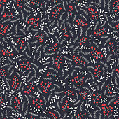 Hand Drawn Abstract Doodle Christmas Foliage, Red Holy Berries, Mistltoe, Fir Tree and Pine Branches on Dark Background Vector Seamless Pattern. Trendy Cute Festive Winter Holidays Print