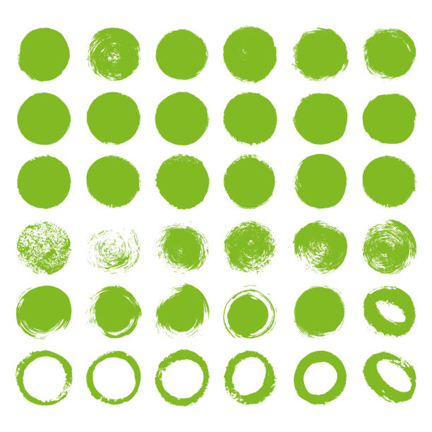 handgemalte abstrakte grüne farbe pinsel kreis etiketten und formen auf weißem hintergrund. vektor natürliche gemalte flecken set sammlung. - brushed eco vector stock-grafiken, -clipart, -cartoons und -symbole