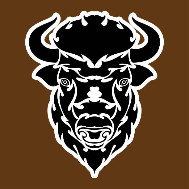 Hand drawn abstract portrait of a bison. Sticker. Vector stylized illustration isolated on brown background. Hand drawn abstract portrait of a bison. Sticker. Vector stylized illustration isolated on brown background. drawing of the bull head tattoo designs stock illustrations