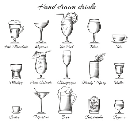Hand drawn drinks. Vector sketch of alcoholic and non-alcoholic beverages