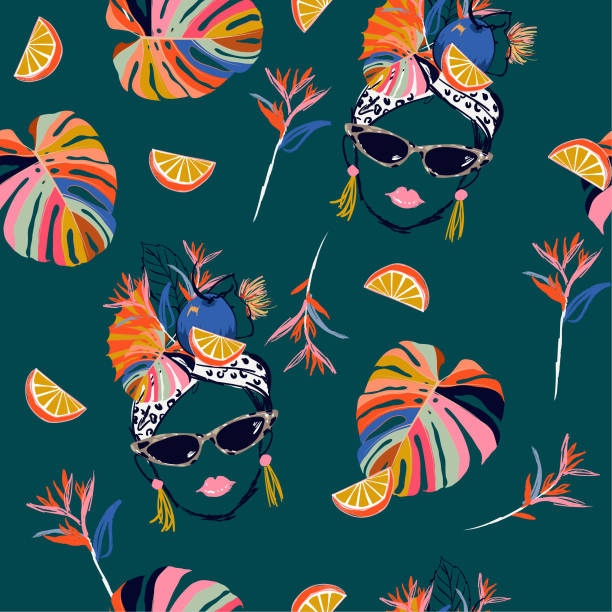 ręcznie rysowane i szkic tropikalne havana kobiet letnie wibracje ze świeżymi owocami bez szwu wzór w projektowaniu wektor dla mody, tkaniny, strony internetowej, tapety i wszystkie wydruki - cuba stock illustrations