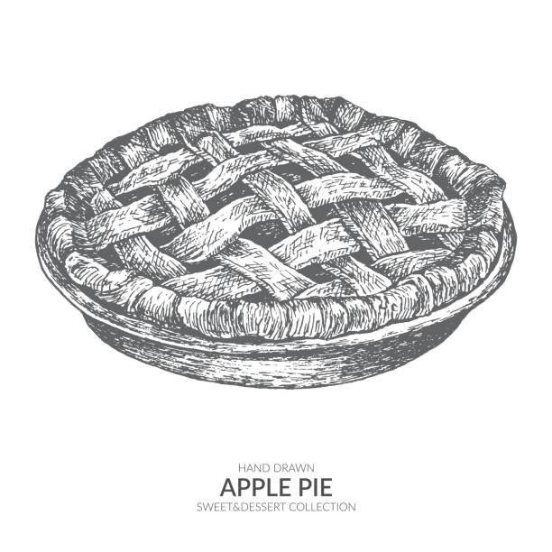 Hand drawn apple pie with ink and pen. Vintage black and white illustration. Sweet and dessert vector element. food art apple pie stock illustrations