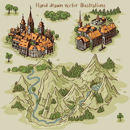 Hand drawn art settlements for cartography map work with colorful buildings and landscape from Transylvania architecture