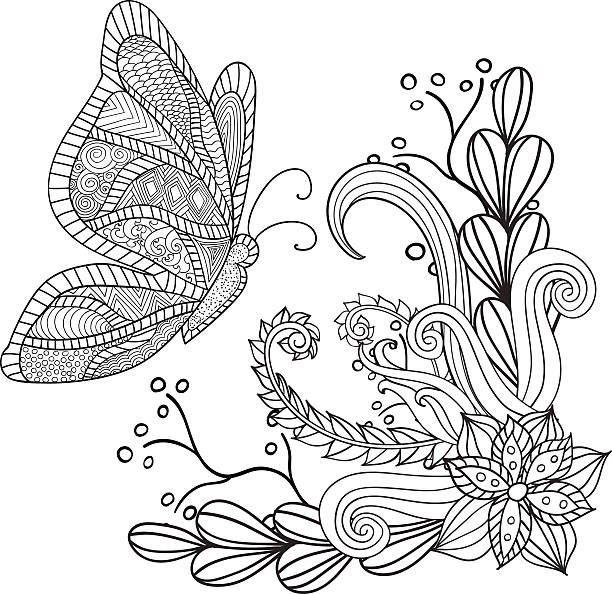 Hand drawn artistic ethnic ornamental patterned floral frame with a Hand drawn artistic ethnic ornamental patterned floral frame with a butterfly in doodle style for adult coloring pages, tattoo, t-shirt or prints. Vector spring illustration. butterfly coloring stock illustrations