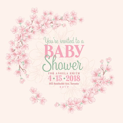 Hand Drawn Baby Shower Invitation with Cherry Blossom