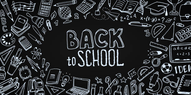 Hand drawn back to school doodle sketch Back to School background with place for text. Hand drawn school supplies - big set. Doodle lettering and school object collection. Sketch icon. Education Concept. Vector illustration. laptop borders stock illustrations