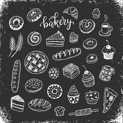 Hand drawn bakery, food doodles on a chalkboard background