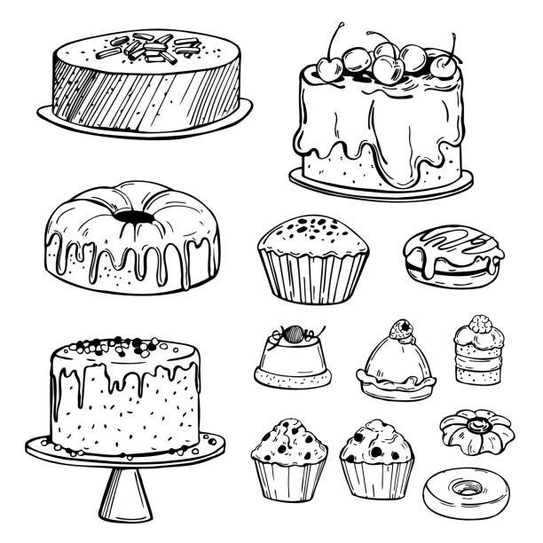 ilustrações, clipart, desenhos animados e ícones de produtos de padaria desenhados à mão. biscoitos, bolos, muffins. ilustração do esboço do vetor. - bolo