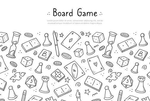 Hand drawn website banner template with of board game element. Doodle sketch style. Vector illustration for board game shop, store background, game competition banner, frame vector