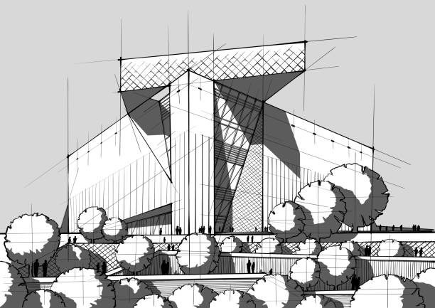 Hand drawn black and white architecture Vector illustration of the architectural design. In the style of drawing. (ai 10 eps with transparency effect) concrete drawings stock illustrations