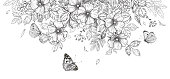 Hand drawn blooming flowers and butterflies on blank background. Black and white wildflowers and insects. Vector monochrome elegant floral composition in vintage style, template wedding decoration.