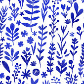 Hand Drawn Blue Floral Seamless Pattern Background. Floral Vector Design Element for Valentine's Day, Birthday, New Year, Christmas Card, Wedding Invitation,Sale Flyer.