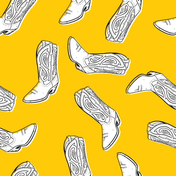 Hand Drawn Boot Pattern Vector illustration of hand drawn boots in a repeating pattern against a yellow background. cowboy boot stock illustrations