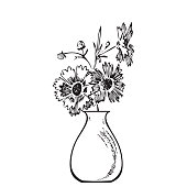 istock Hand drawn bouquet chrysanthemum in vase. Engraving sketch. Isolated black lines on white background. Vector illustration, greeting card, birthday, branding design, print, postcard, decor, wedding 1410766341