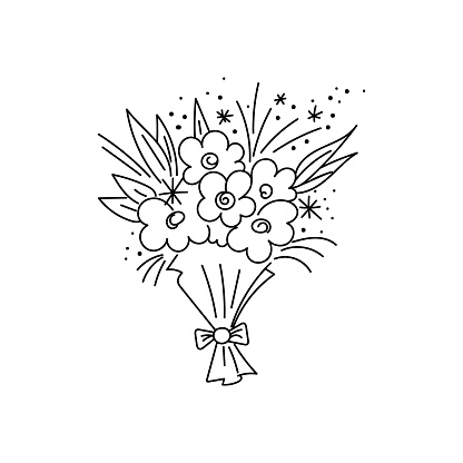 Hand drawn bouquet with flowers, decorated with dots, twigs, bow.