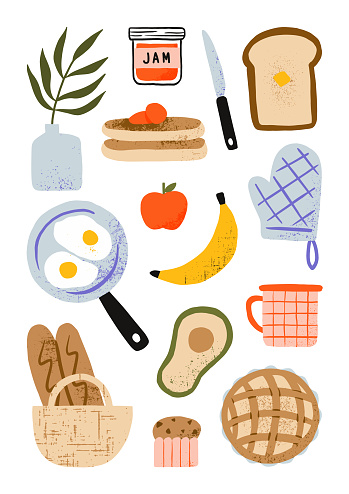 Hand drawn breakfast food elements with fried egg, bread, fruit, pie, cupcake and pancakes cartoon illustration