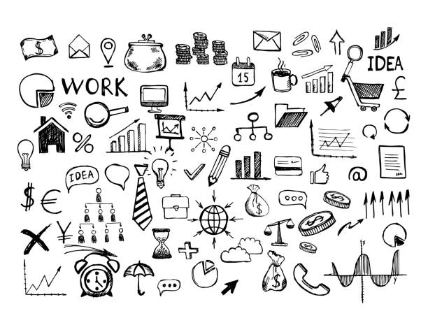 Hand drawn business symbols. Management concept with Doodle design style. Hand drawn business symbols. Management concept with Doodle design style. finance drawings stock illustrations