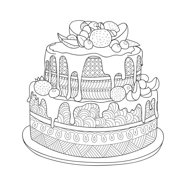 Hand drawn cake  for coloring book Hand drawn doodle cake with berries for coloring book for adults. cupcakes coloring pages stock illustrations