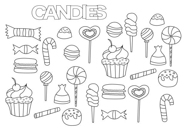 Hand drawn candy bar set. Coloring book page Hand drawn candy bar set. Coloring book page template.  Outline doodle vector illustration. cupcakes coloring pages stock illustrations