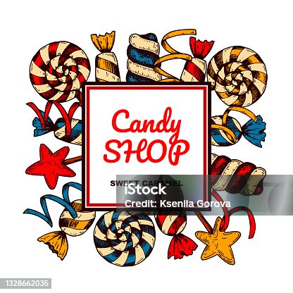 istock Hand drawn Candy shop design. Vector illustration in sketch style. Template for social media, logo, cards, labels, leaflets 1328662035