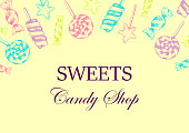 Hand drawn Candy shop horizontal design. Vector illustration in sketch style. Template for social media, cards, labels, leaflets
