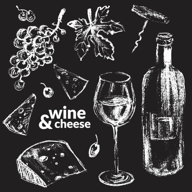 illustrazioni stock, clip art, cartoni animati e icone di tendenza di carta dei vini di gesso disegnata a mano per il set di vini - aperitivo