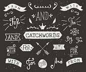 A set of chalkboard style catchwords and design elements. Hand drawn words "and", "for", "from", "with", "the", "by". Decorative elements and embellishments.