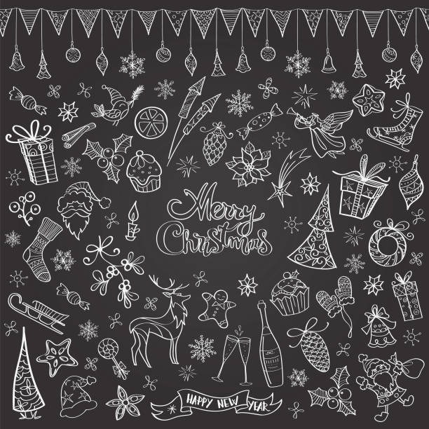 Hand drawn chalkboard christmas doodles Set of vector illustration icons in black and white showing various christmas elements, with lettering "merry christmas" in the middle. Flag garland is seamless. champagne clipart stock illustrations