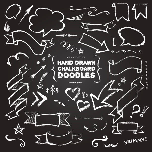 Hand Drawn Chalkboard Doodles Hand Drawn Chalkboard Doodles including bubbles, arrows, banners, decorative elements on black background chalkboard visual aid stock illustrations