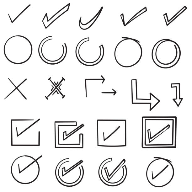 handgezeichnete scheckzeichen. doodle v-markierung für listenelemente, kontrollkästchen kreidesymbole und skizzen-checknotzeichen. vektor-checkliste markiert icon-set mit linie kunst cartoon-stil - checking stock-grafiken, -clipart, -cartoons und -symbole