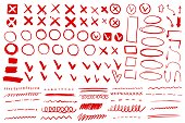 Doodle check mark and underline. Hand drawn red check tick stroke. Cross, circle arrow mark for list items yes or no checklist vector pencil handwritten icons