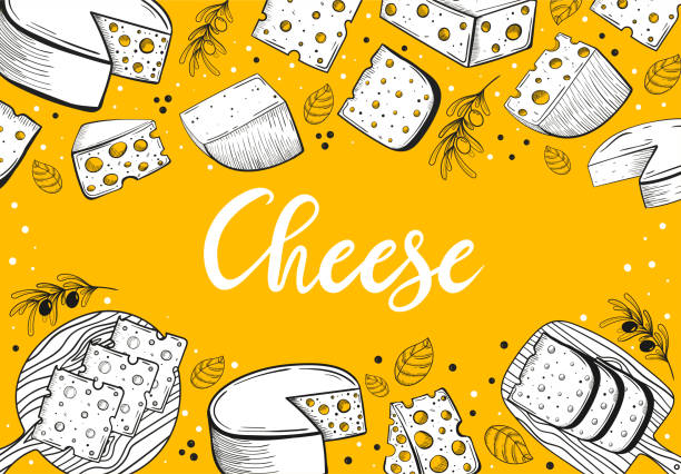Hand drawn cheese set banner template frame with lettering. Sketch style, colorful illustration of different types of cheese with olives and basil. Orange and white colors. Dairy products brie stock illustrations