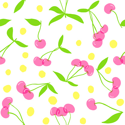 Hand Drawn Cherries Seamless Pattern on White Background