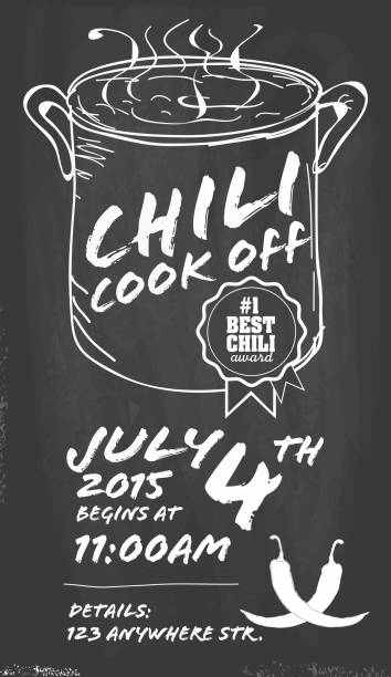 Hand drawn Chili cookoff invitation design template on chalkboard background Vector illustration of a Hand drawn Chili Cookoff invitation design template. Black and white. Includes black and white themes with simmering large crock pot . Chalkboard background Perfect for white background design for picnic invitation design template, summer barbecue event, picnic celebration, backyard bbq, private or corporate party, birthday party, fun family event gathering, potluck supper. cooking competition stock illustrations