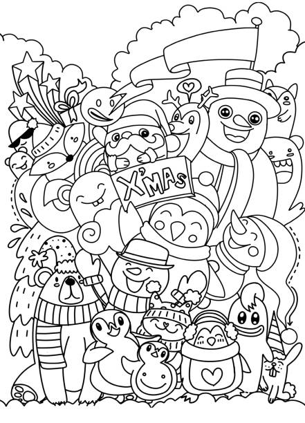 Hand drawn Christmas character set doodle, Vector illustration Hand drawn Christmas character set doodle, Vector illustration cupcakes coloring pages stock illustrations