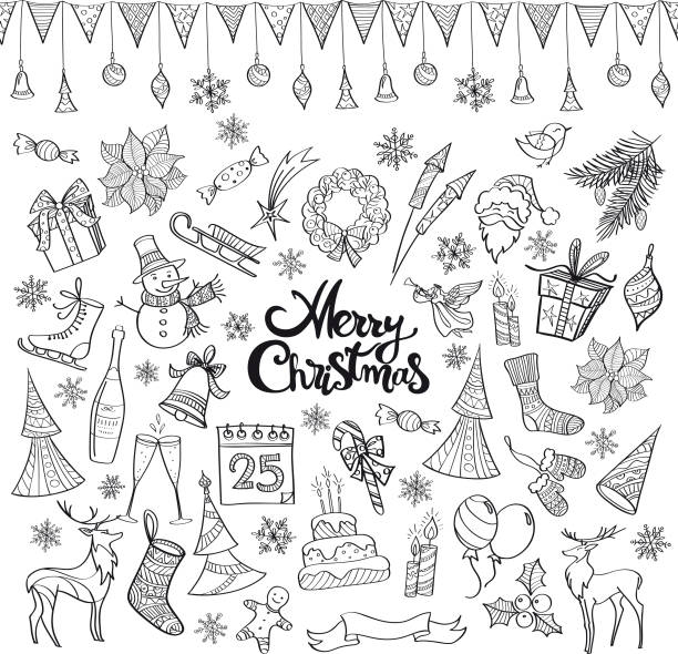 Hand drawn christmas doodles Set of vector illustration icons in black and white showing various christmas elements, with lettering "merry christmas" in the middle. Flag garland is seamless. champagne clipart stock illustrations