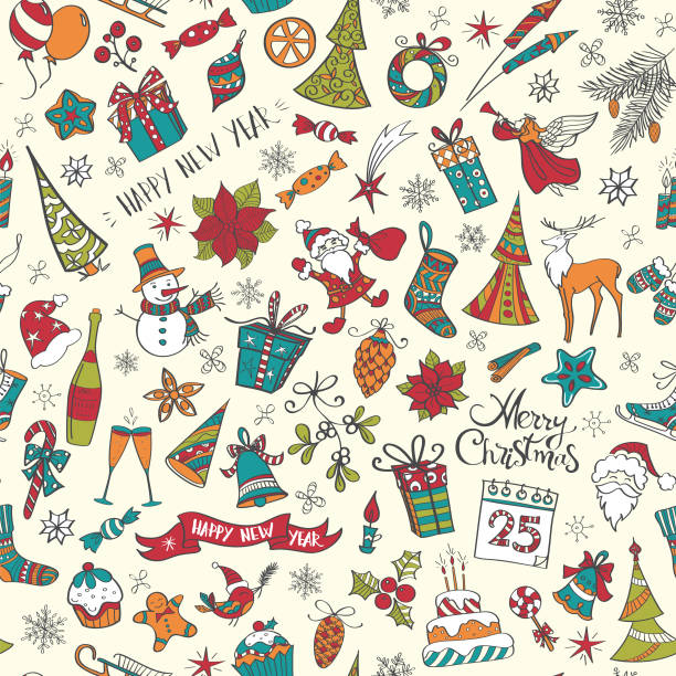 Hand drawn christmas elements seamless pattern colored Set of colored vector illustration icon doodles, with lettering "merry christmas" and "happy new year" arranged in a seamless pattern. gift clipart stock illustrations