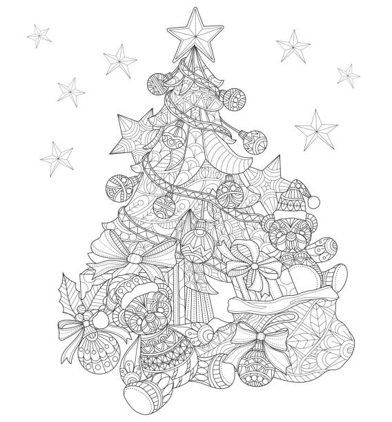 Hand drawn Christmas tree decorations for adult coloring page. Black and white line art vector illustration was made in eps 10. Can be used for adult coloring book. christmas coloring stock illustrations