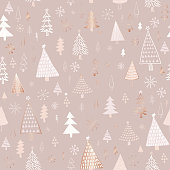 Hand Drawn Christmas/Holiday Trees Pattern. Rose Gold, Beige, Nude Colored Christmas Trees, seamless pattern. Forest background. Childish texture for fabric, textile.