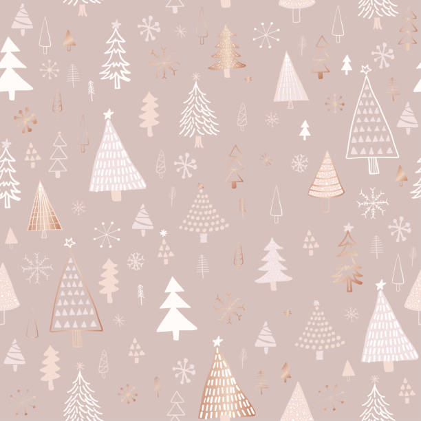 Hand Drawn Christmas/Holiday Trees Pattern. Rose Gold, Beige, Nude Colored Christmas Trees, seamless pattern. Forest background. Childish texture for fabric, textile. Hand Drawn Christmas/Holiday Trees Pattern. Rose Gold, Beige, Nude Colored Christmas Trees, seamless pattern. Forest background. Childish texture for fabric, textile. rose gold background stock illustrations