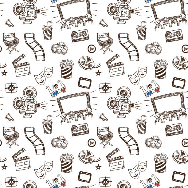 Hand drawn cinema doodle seamless pattern Hand drawn cinema doodle seamless pattern background movie drawings stock illustrations